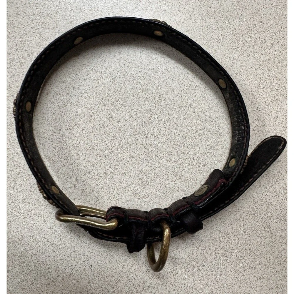 Genuine Hard Embossed Italian Leather VTG Dog Collar 18” with Crowns Accents